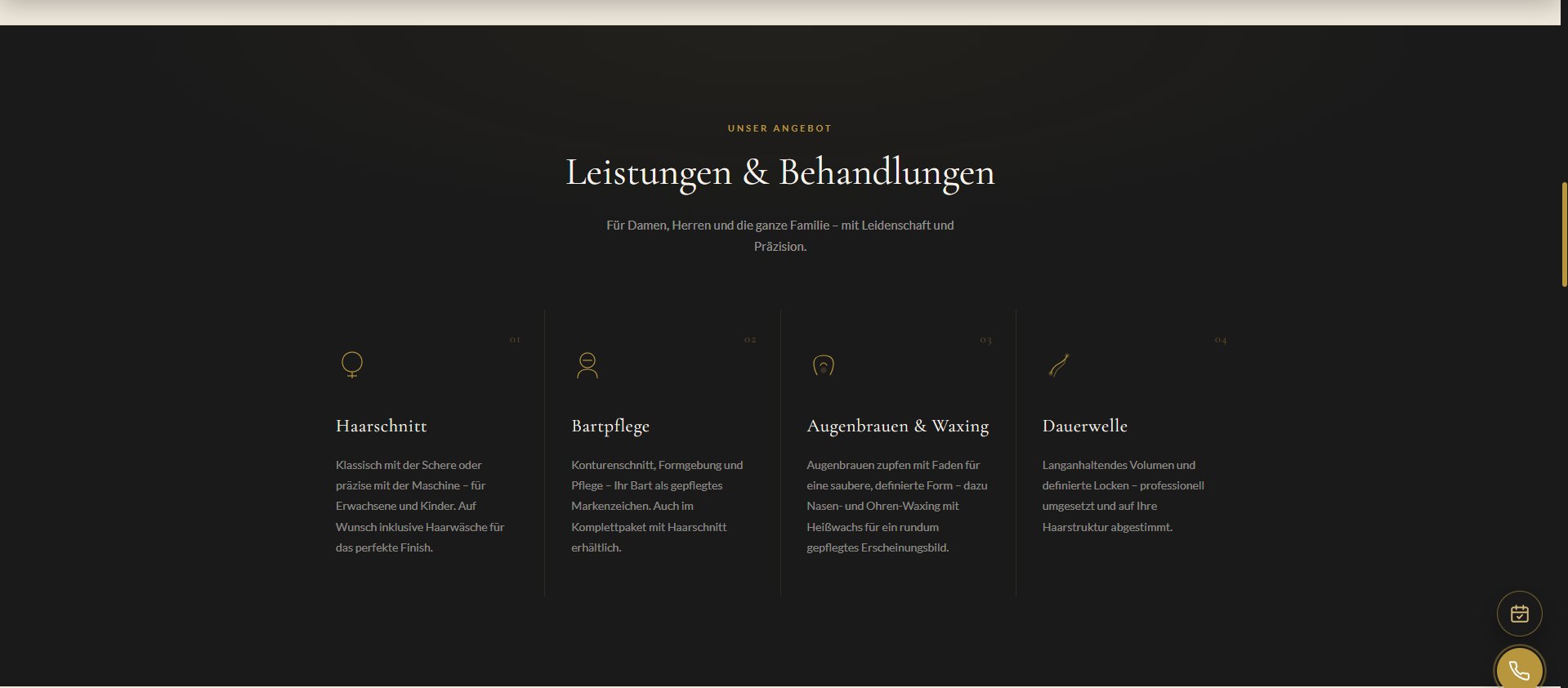 Leistungsbereich der Website Goldene Schere mit vier Leistungen in Spalten