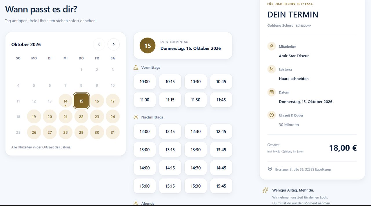 Buchungssystem der Goldenen Schere: Kalender mit freien Tagen, Uhrzeiten am Vormittag und Nachmittag und rechts die Terminübersicht mit Mitarbeiter, Leistung und Gesamtpreis
